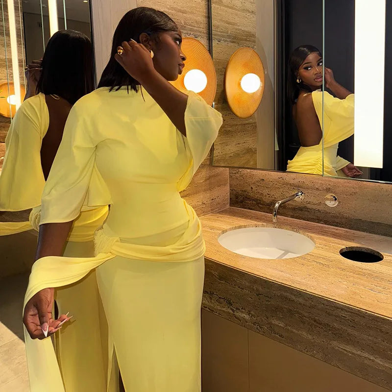 Joskaa Elegant O-Neck Half Sleeve Backless Ruched Slit Bodycon Maxi Dress for Woman 2025 Fall Birthday Evening Vacation Clubwear