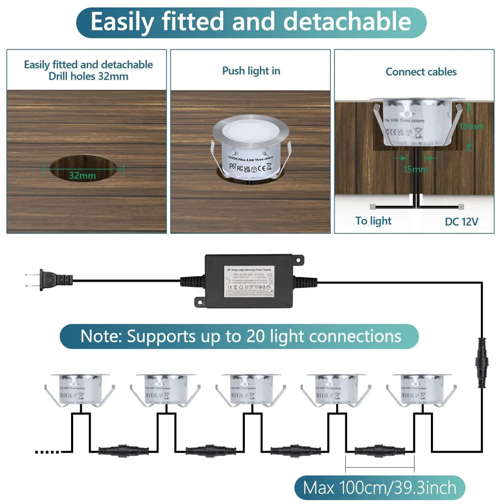10pcs RGB LED Deck Light with Remote Control DC12V IP67 Waterproof Underground Lamp Dimmable Garden Stair Landscape Lighting