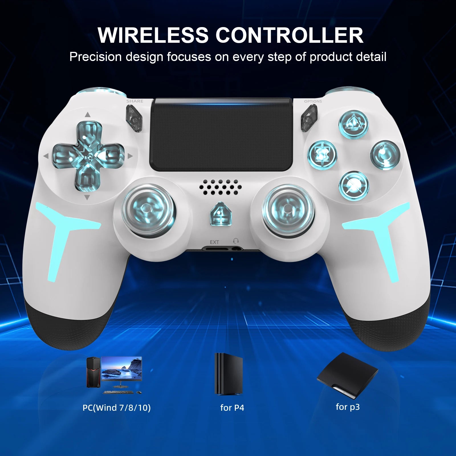 GAMINJA Wireless Game Controller For PS4 PS3 Console Computer PC RGB Light LED Bluetooth Gamepad 6-axis Gyroscope Dual Vibration