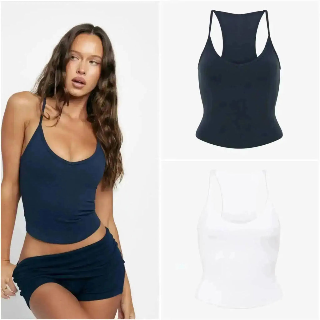 Women's Two Pieces Set Short Sets Yoga Outfit For Women Spaghetti Strap Tank Top Shorts Set With Bra Pads Ideal For Yoga Workout