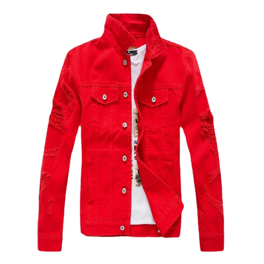 Men White Denim Jackets Holes Jeans Coats New Spring Autumn Solid Denim Coats Male Cotton Casual Fit Jeans Jackets Size 4XL