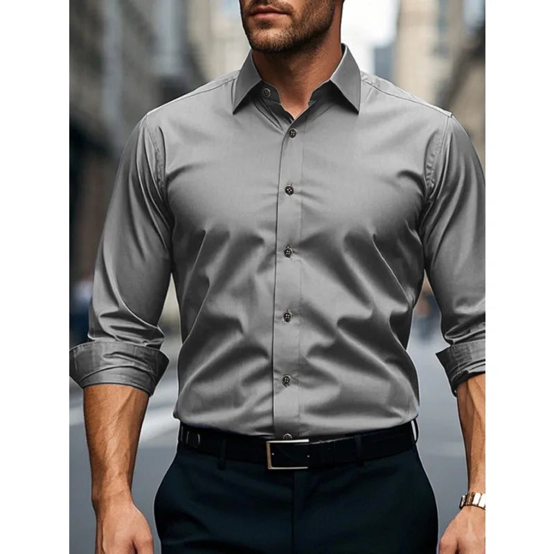 FGKKS New Men Shirts Fashion Quality Long Sleeve Casual Solid Color Elastic Male Business Shirt