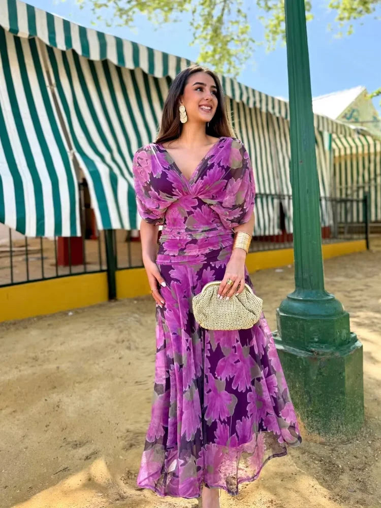 Women Solid Deep V-neck Mesh Long Dress Elegant Puff Short Sleeve Ruched Waist High Vestidos 2026 Summer Lady Casual Street Robe
