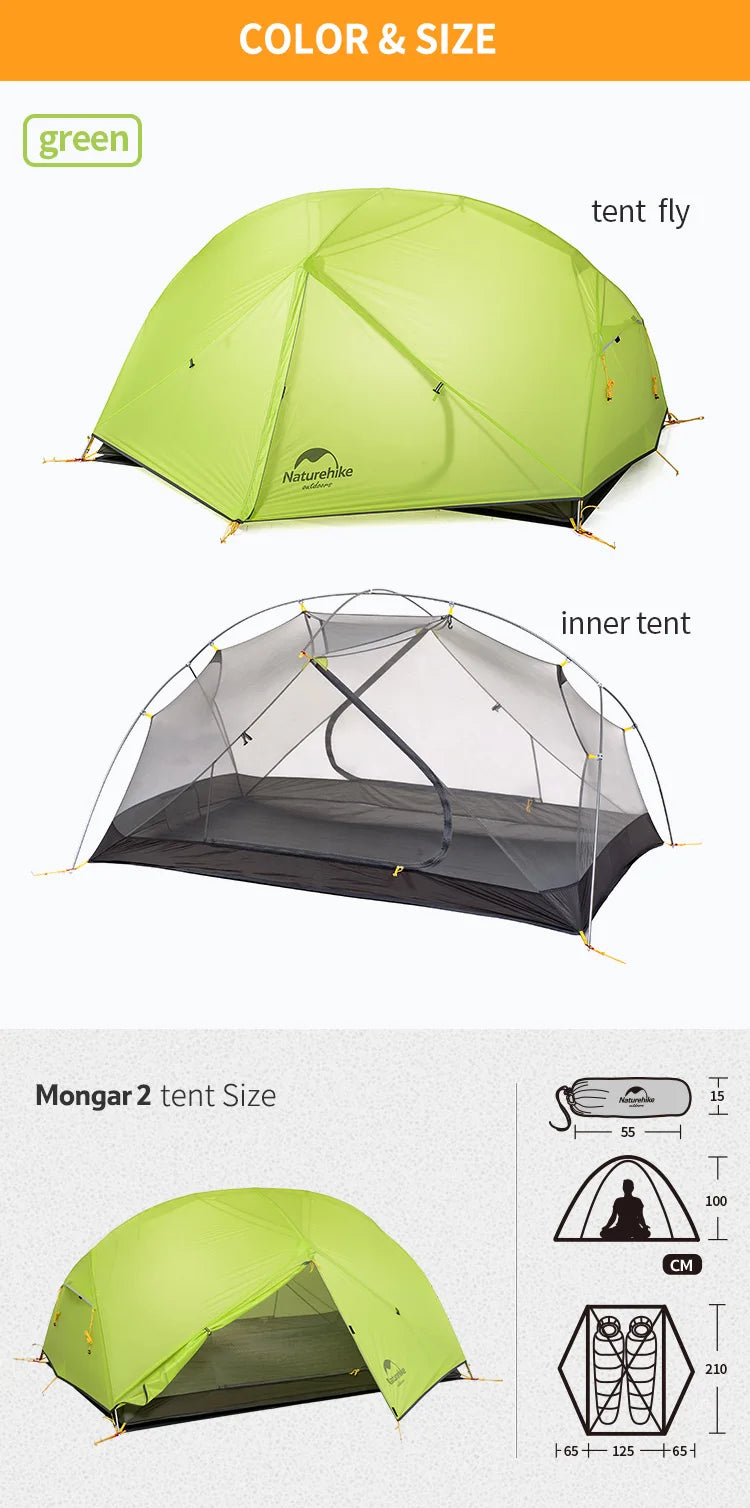 Naturehike Mongar Tent Camping Tent 2 Person Ultralight Professional Waterproof & Windproof Backpack Tent 20D Nylon Travel Tent
