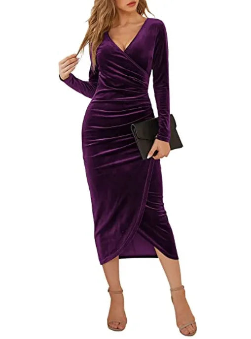 Sexy Woman Solid Color Long Sleeved Party Club Vestidos Autumn Fashion Women's V-neck Bag Hip Irregular Medium Long Dresses