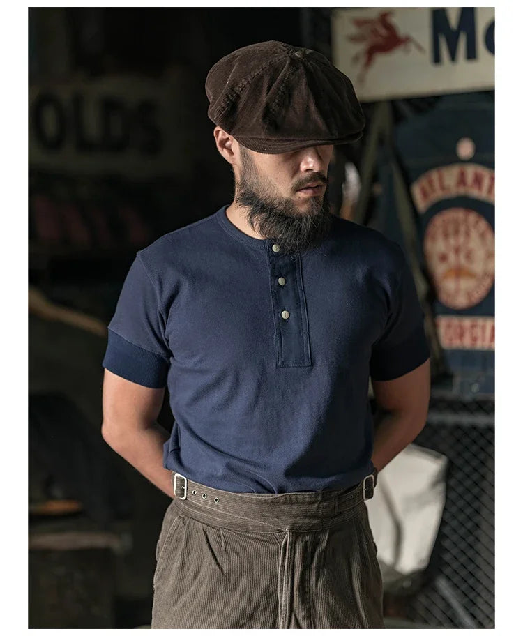 Bronson Vintage Short Sleeve Henley T-Shirt Retro Style Mens Cotton Tee Shirt