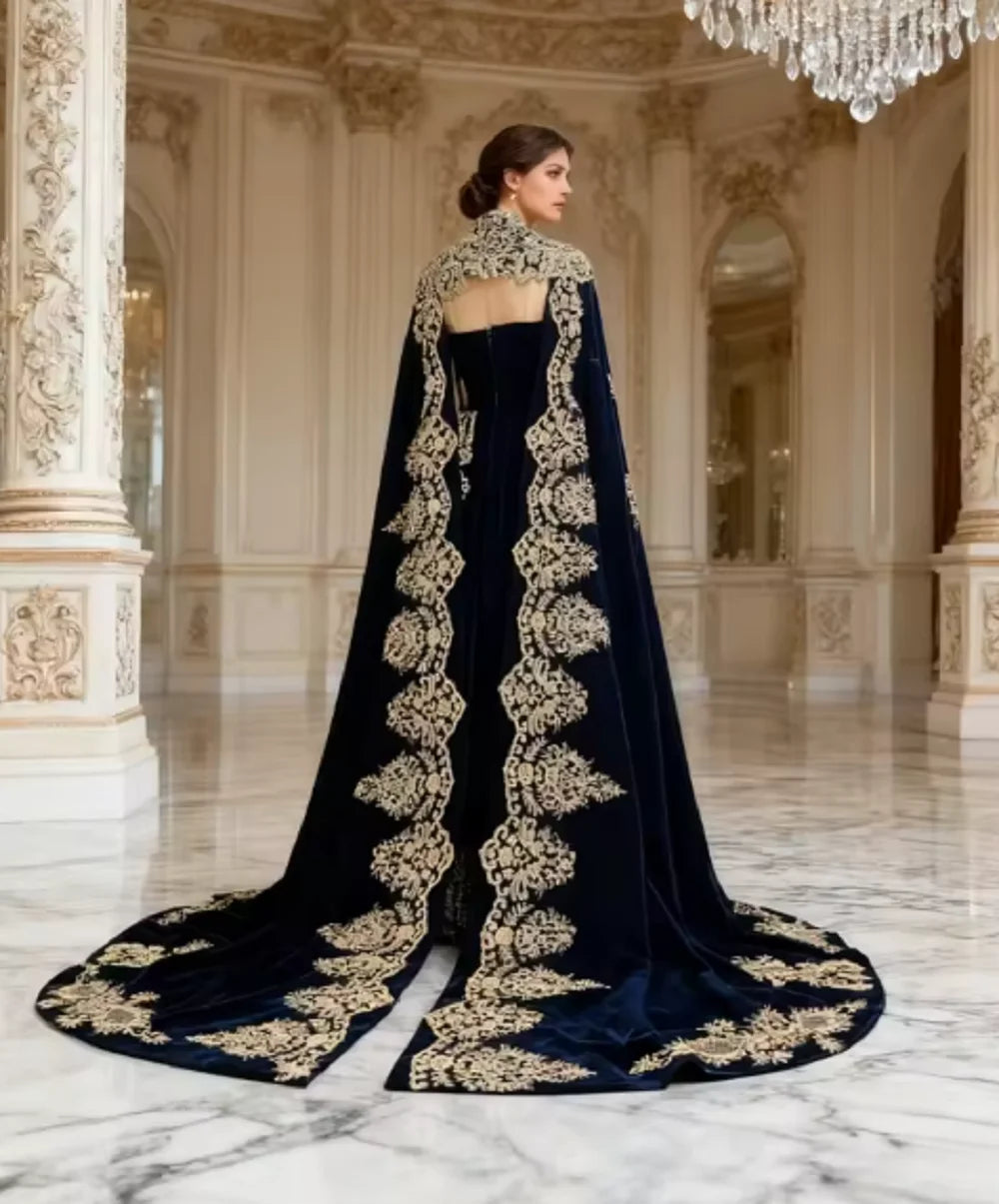 Navy Sweetheart 2-pieces Appliques Evening Dress Caftan Kaftan Velvet Prom Dresses Elegant Women Cocktail Gown Vestido De Gala