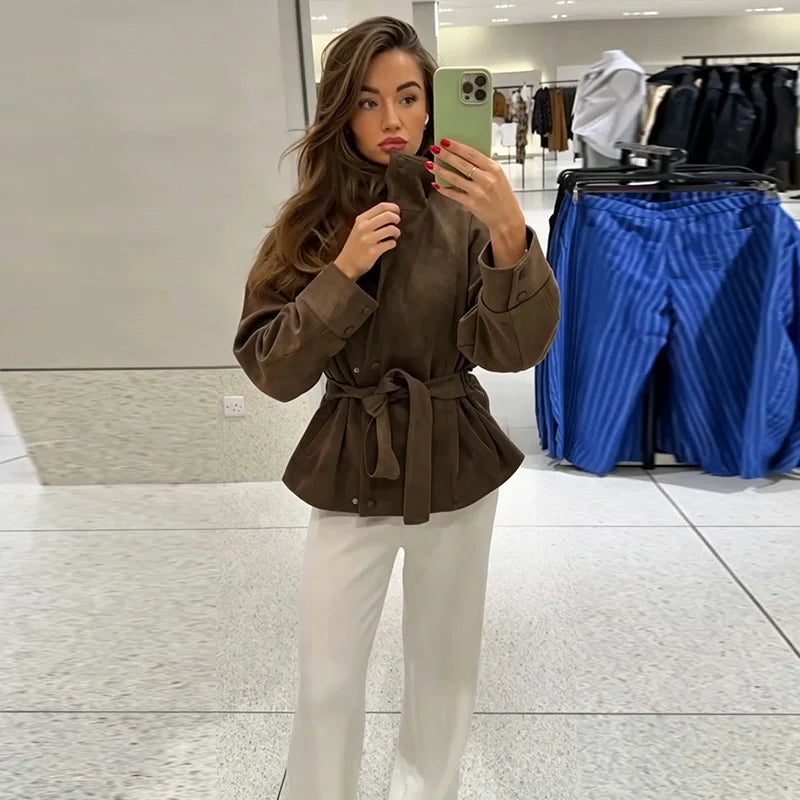 Faux Suede Women Winter Jacket Belted Waist Autumn Coat Stand Collar Short Jacket Cargo Jacket Daily Commute Wear Street Style