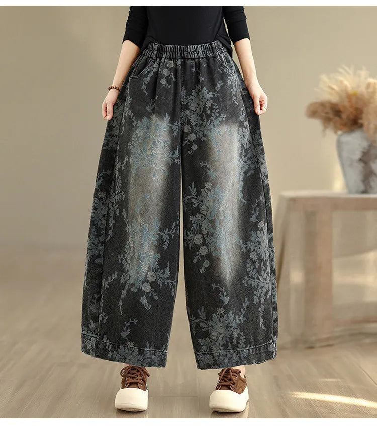 Spring Summer Retro Printed Denim Pants for Women Good Quality Elastic Waist Jeans Loose Casual Wide Leg Straight Trouser