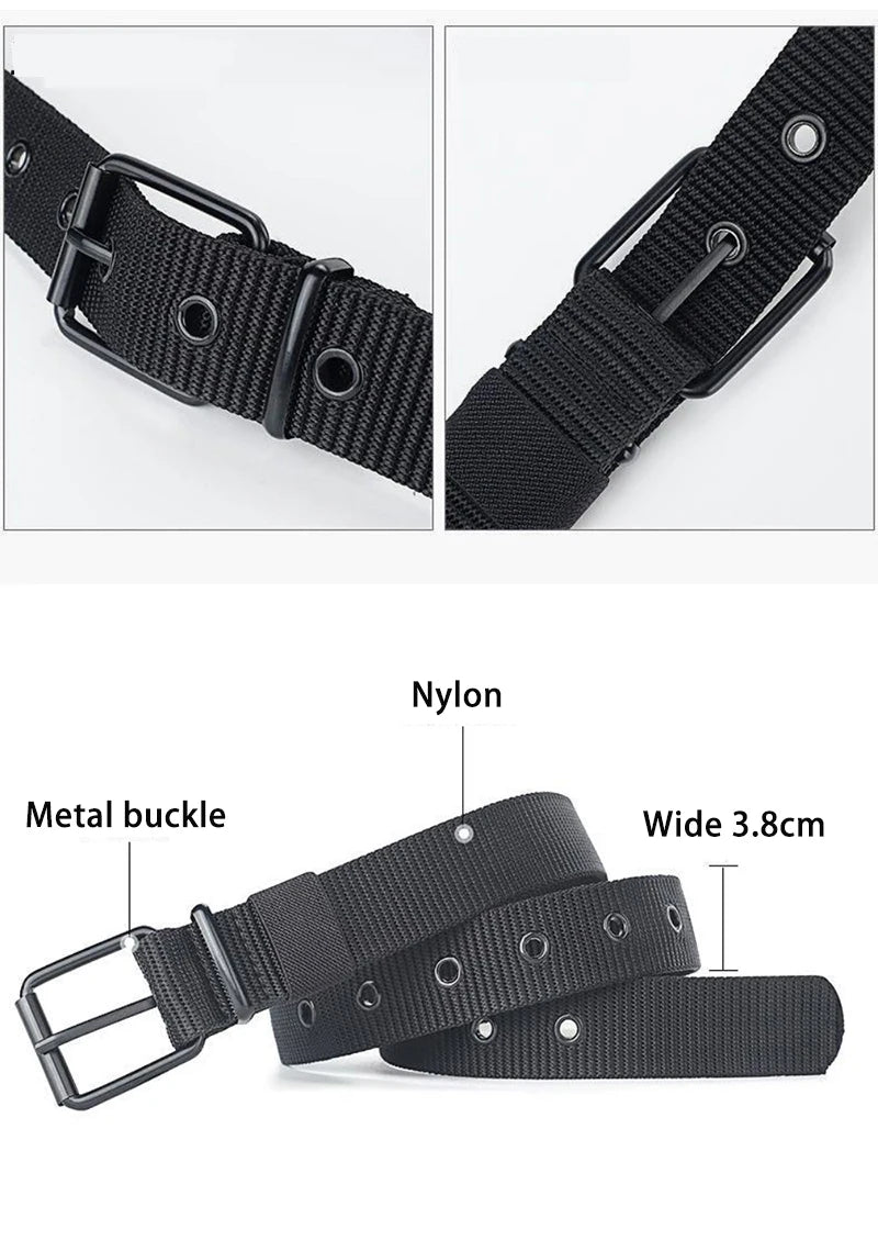 Men's Belt Porous Canvas Pin Buckle Leather Belt Outdoor Sports Tactics Belt Women's Trendy Eyelet Belt with Jeans Belt Women