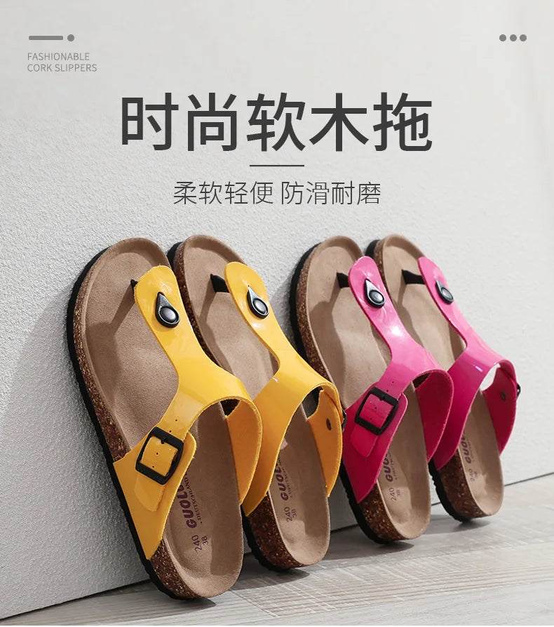 New Cork Sandals for Women Open Toe Beach Slippers with Adjustable Buckle Women Flats Leather Cork Footbed Flip Flops