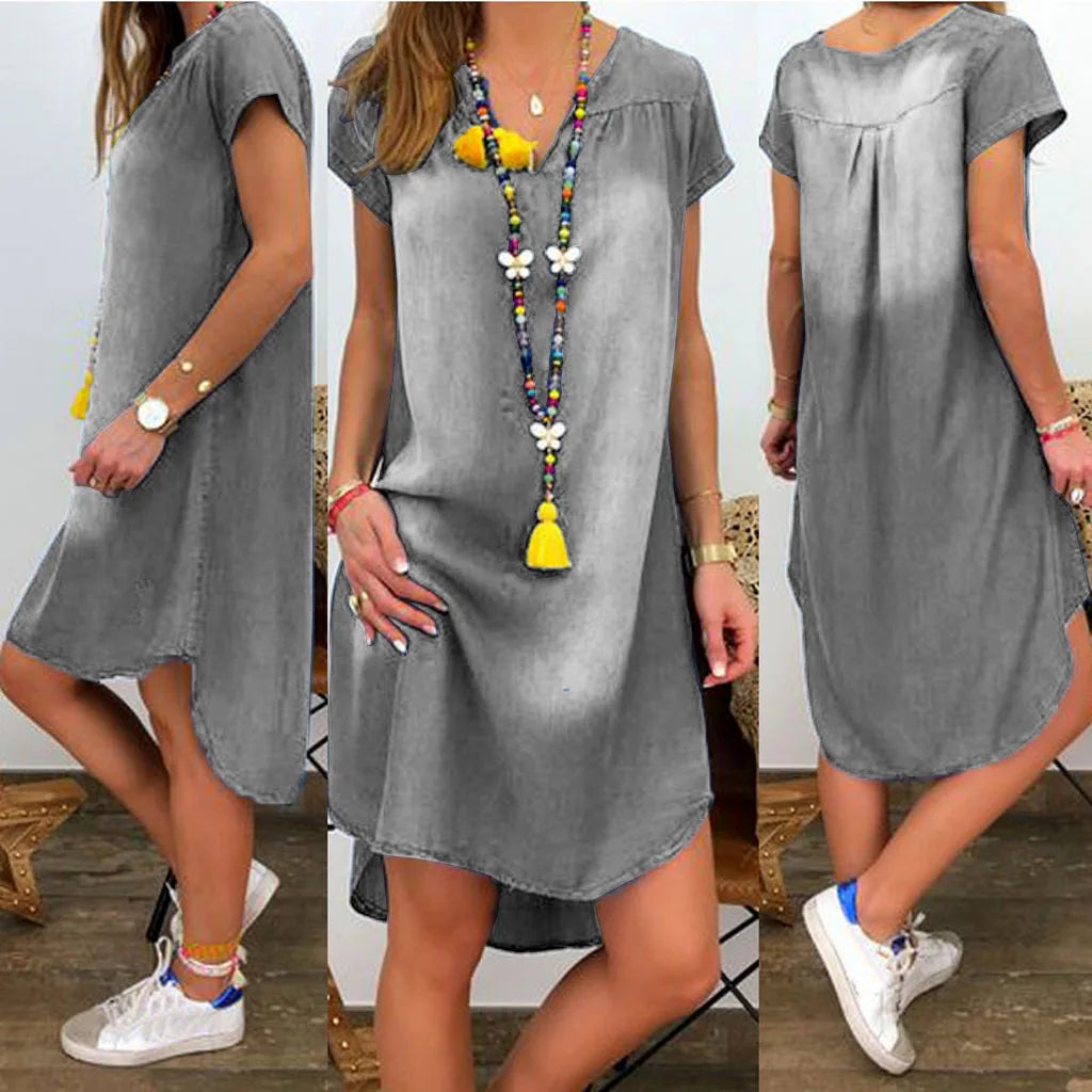 Summer New European and American V-neck Pullover Short-sleeved Denim Dress 2025 Cross-border