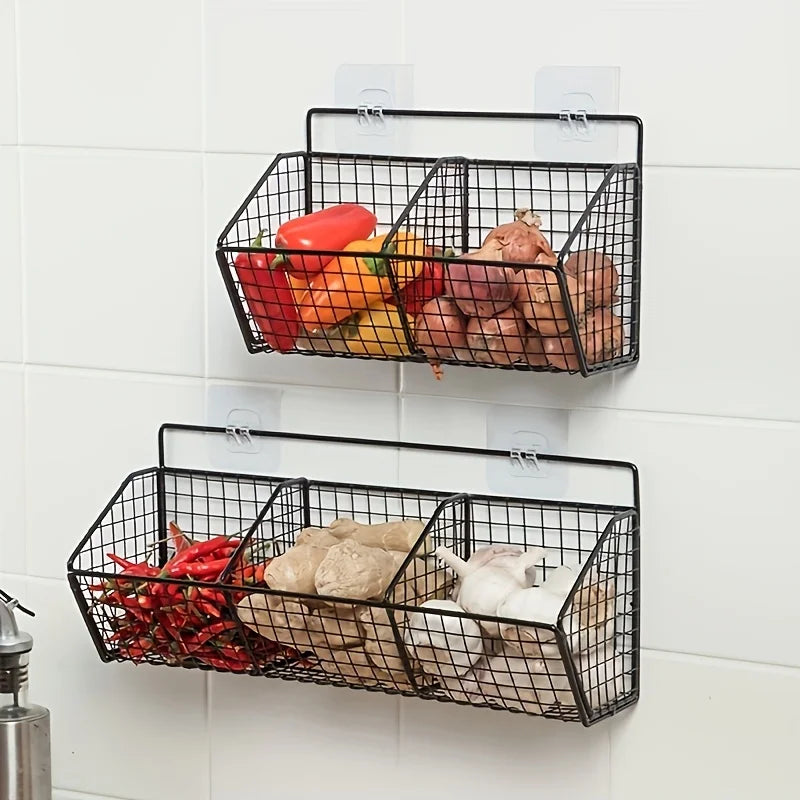 Wall-Mounted Multi-Functional Kitchen Organizer - Durable Metal Vegetable, Garlic, and Onion Storage Basket - Storage Organizer