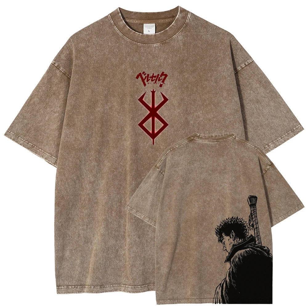 Berserk Guts T Shirt Manga Griffith Printed  T-shirt Men Unisex Clothes Street Vintage Washed Tshirt Short Sleeve Cotton Tees
