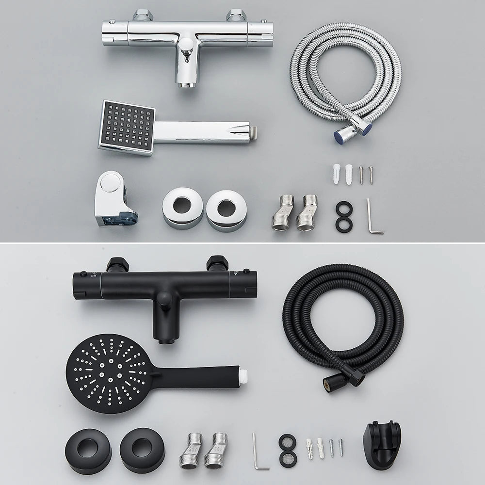 Thermostatic Shower Set Black/Chrome Brass Wall Mounted Bathroom Shower Thermostat Mixer Valve Handle Spray Bathroom Accessories
