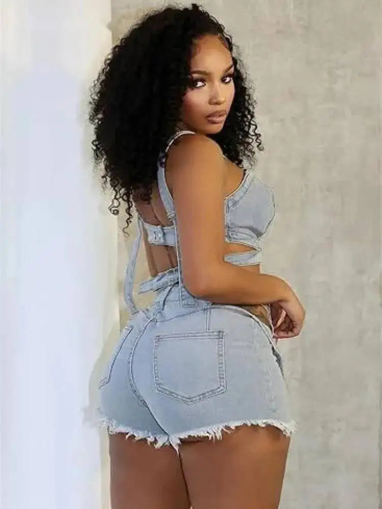 Fashion Denim Cutout Women's Set Wrap Strap Crop Top And Shorts Jeans  Summer Two 2 Piece Sets Outfits Tracksuit