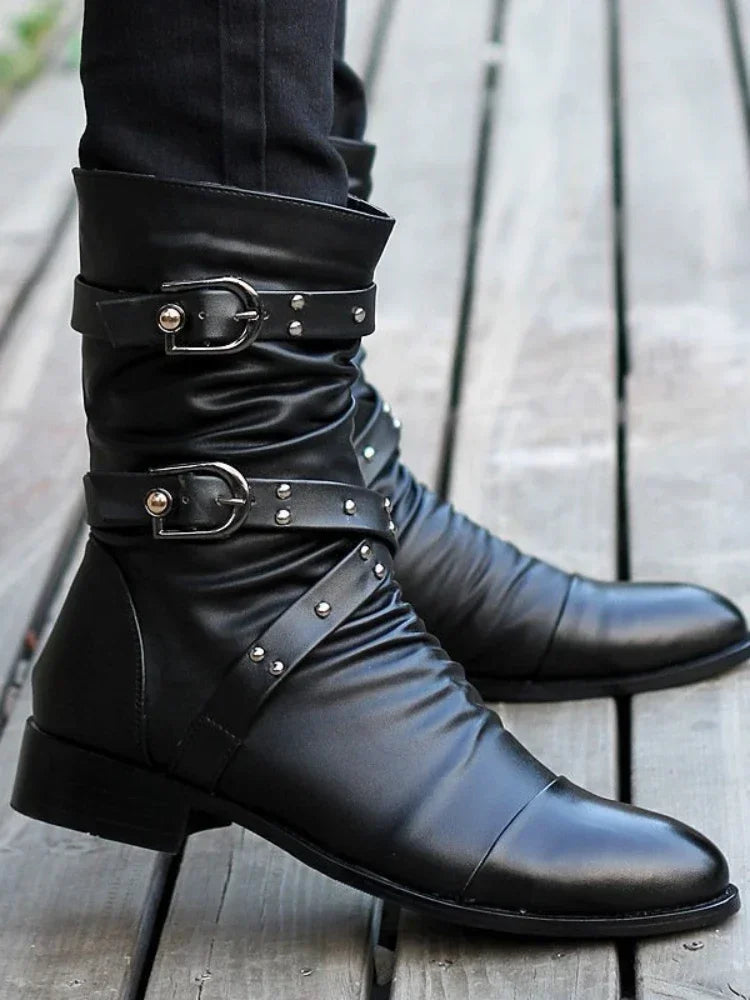 Men's Leather High Quality Mid Tube Boots Fashion Classic Autumn Winter Black Punk Rock Shoes Casual Men