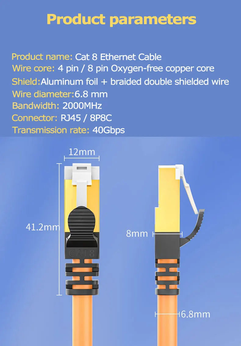 High Speed CAT8 Ethernet Cable High Flex Heavy Duty Network Cable with Gold Plated RJ45 Connector 40Gbps 2000Mhz LAN Cable