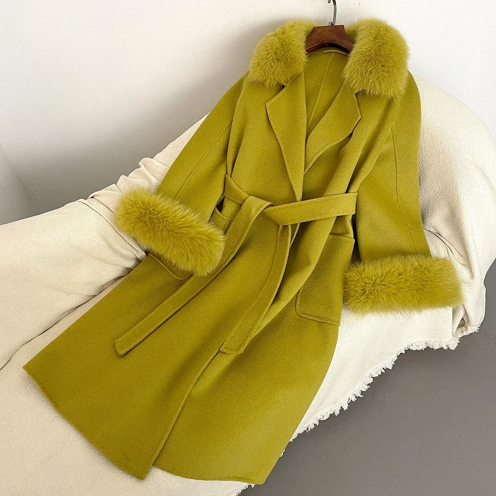 Fox Fur Coat for Women Wool Woolen Natural Real Fox Fur Collar Winter Jacket Ladies Belt Warm Outerwear Streetwear 2024