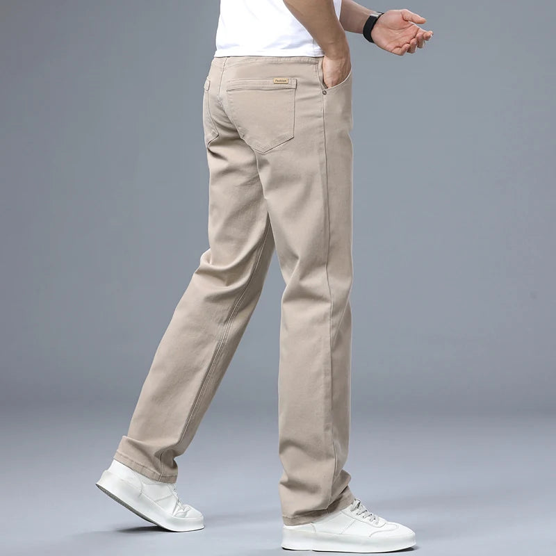 Classic Straight Men's Jeans Spring New Fashion Business Work Casual Trousers Comfort Elastic Solid Color Denim Pants