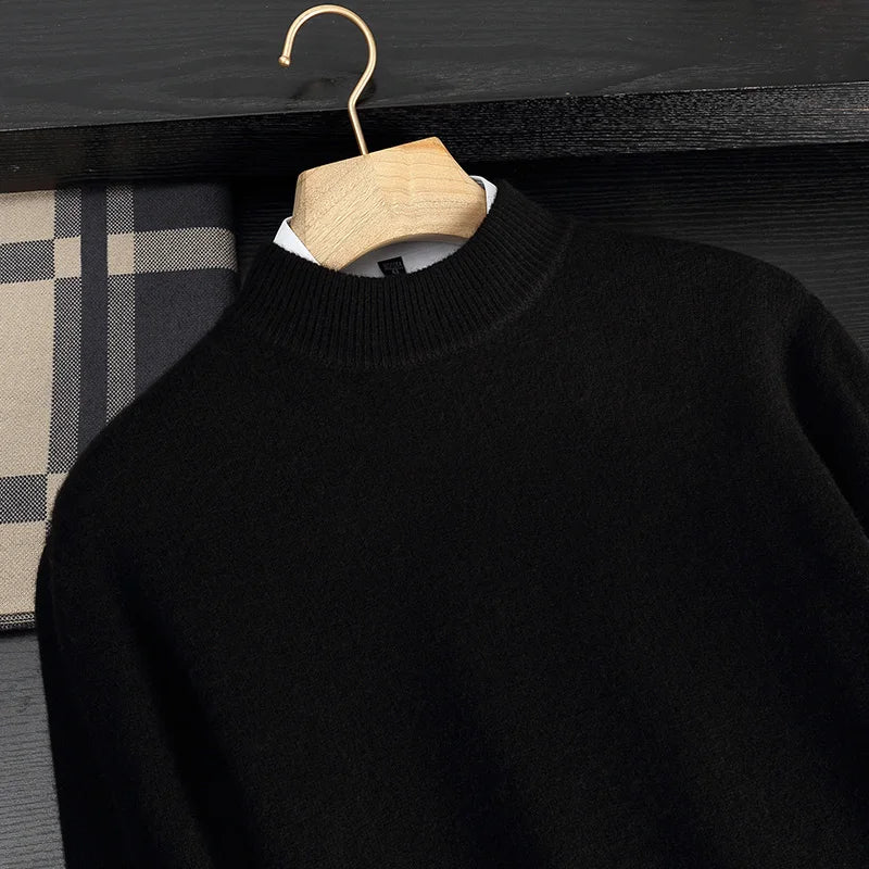 Autumn/Winter Men's 100% Cashmere Pullover Business Casual Solid Knitted Sweater Loose Half High Neck Tops Thick Warm Jumper