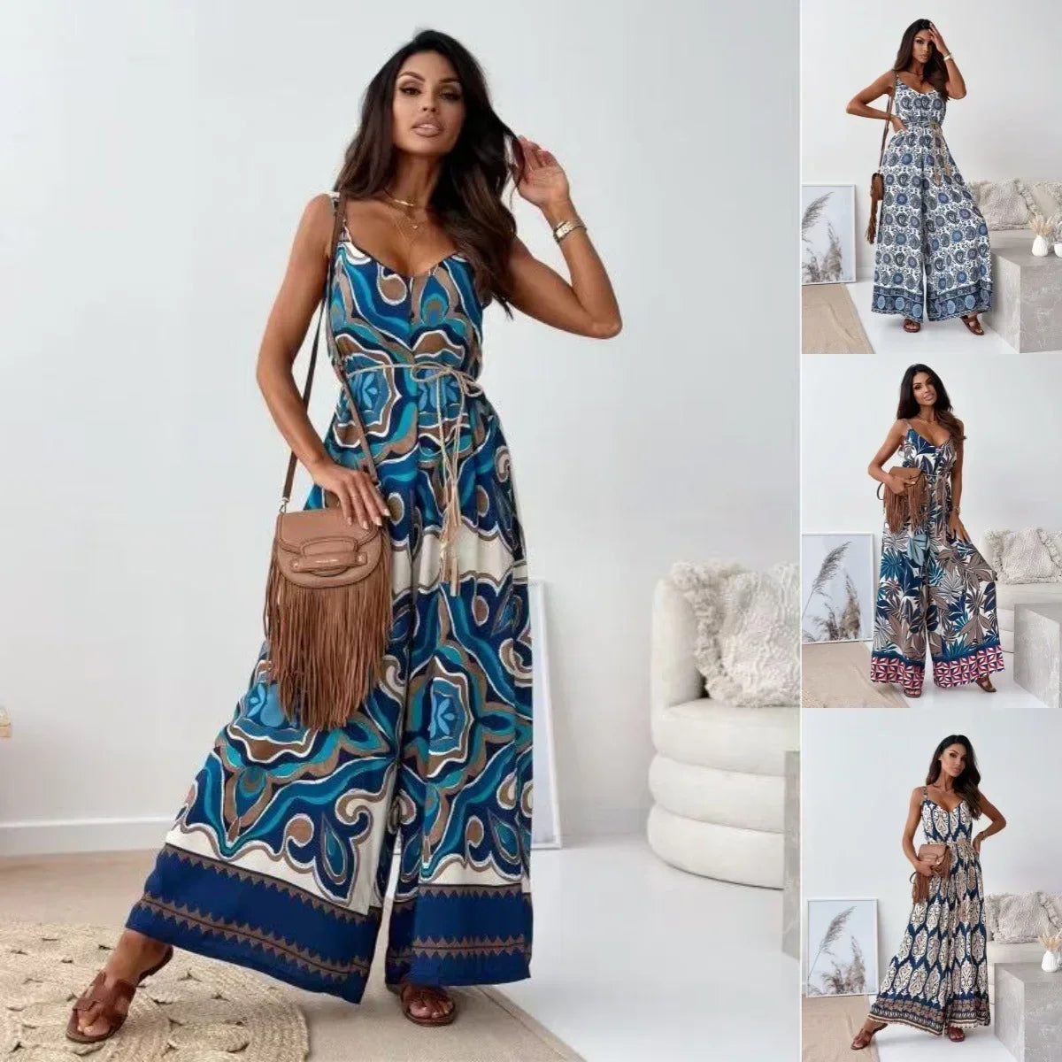 Pop Fashion Elegant V-neck High Waist Jumpsuit Women's Pattern Print Loose Long Romper Causal Sleeveless Wide Leg Playsuit Women