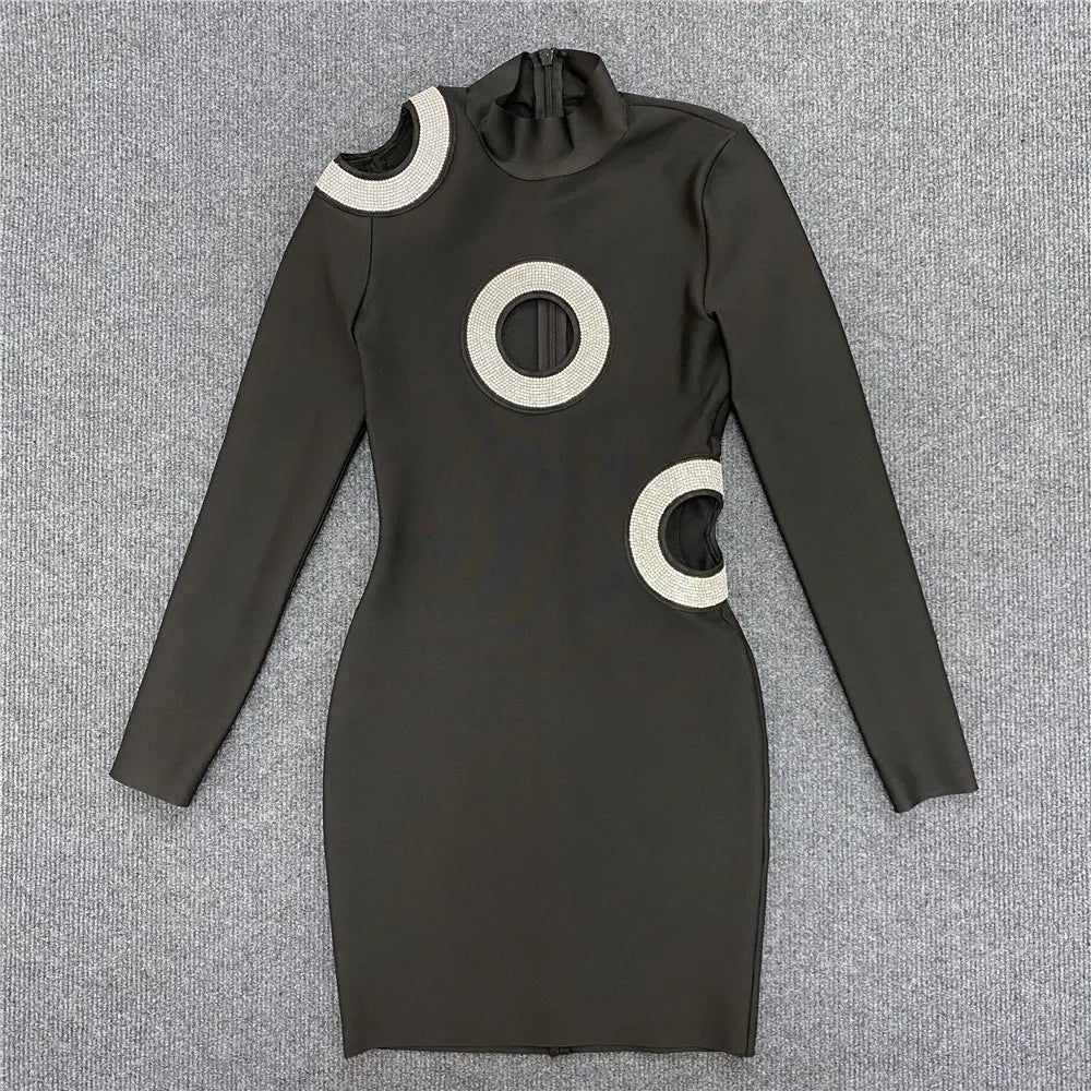 Women Sexy Hollow Out Beading Bandages Dress Long Sleeve Bodycon Clothes Club Party Celebrity Mini Dresses