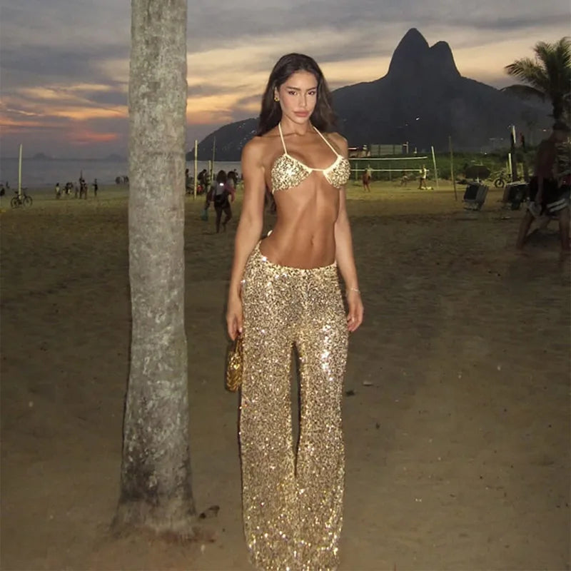 Sexy Sequined Bikini Pants Set Women Sleeveless Backless Halter Cropped Top Wide Leg Pant 2026 Summer Beach Holiday Party Suit