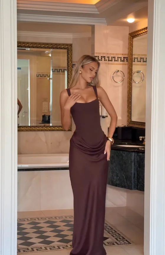 Solid Pleated Sling Dress Women Square Neck Sleeveless Off-shoulder Waist Cinching Slim Dresses 2026 Lady Evening Party Gowns