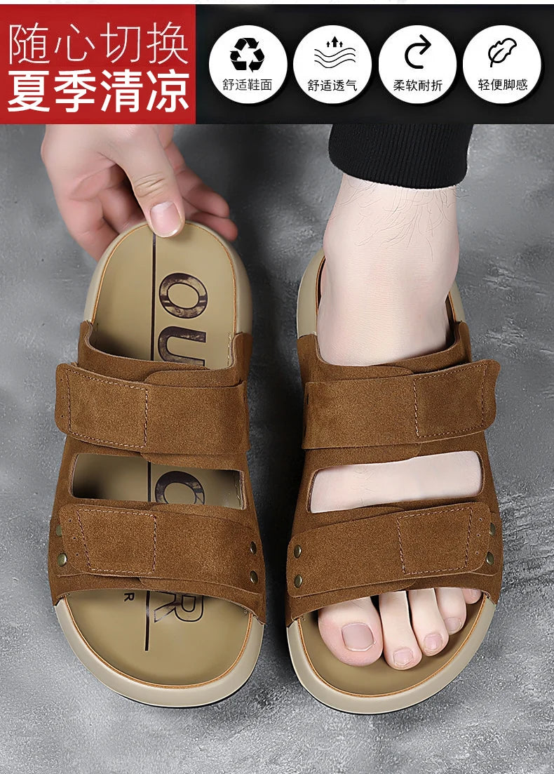 2026 Mens Sandals Slip On Leather Casual Couple Shoes For Men Soft Comfortable Mens Summer Shoes Handmade Men Outdoor Slippers