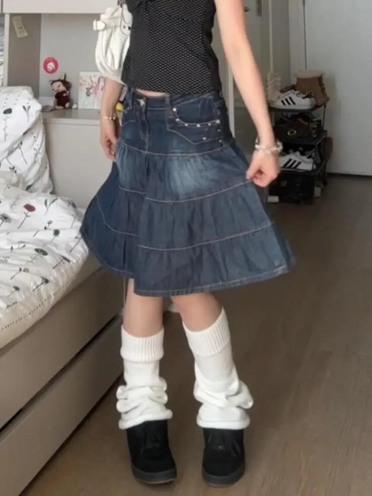Women Denim Skirts Loose A-line High Waist Jupe Fashion Summer Korean Saia 2025 Faldas Mujer De Moda Vintage Casual Y2k Skirt