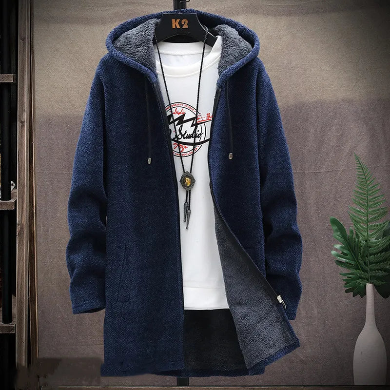 Men's Winter Thicken Sweatercoat Fleece Cardigan Jacket Male Slim Sweaters Long Hooded Sweater Warm Outwear Coats Plus Size 4XL