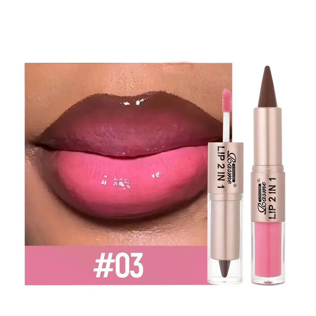 2IN1 Tapered Gradient Lipliner Pen Nude Brown Mirror Glass Lip Gloss Matte Lip Liner Waterproof Lip Contour Non Stick Makeup