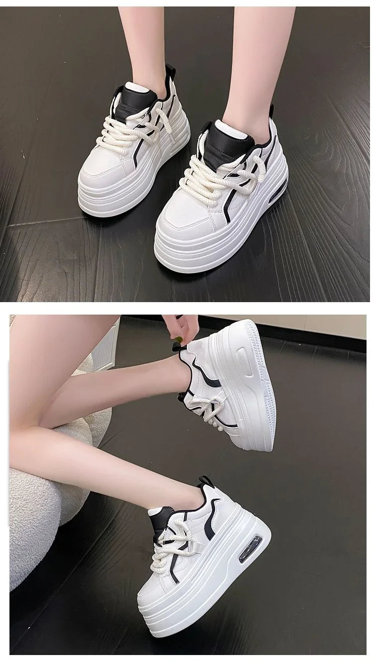 Fashion Platform Sneakers Women Spring Autumn Comfort Round Toe Lace-up 8CM Thick Bottom Black White Casual Sport Shoes