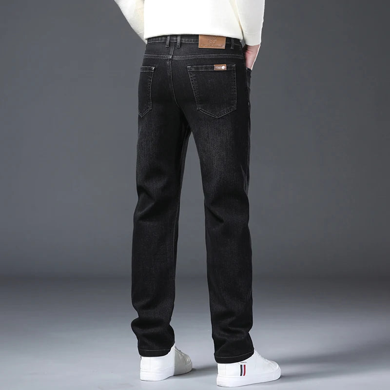 Classic Straight Men's Jeans Spring Slightly Thick Elastic Casual Office Business Trousers Fashion Comfort Washed Denim Pants