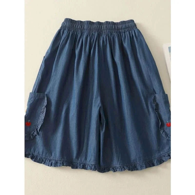 Denim Shorts Women Summer Wear Vintage Drawstring Elastic Waist Ruffle Wide Leg Pants Casual Loose Jean Shorts Women Clothing