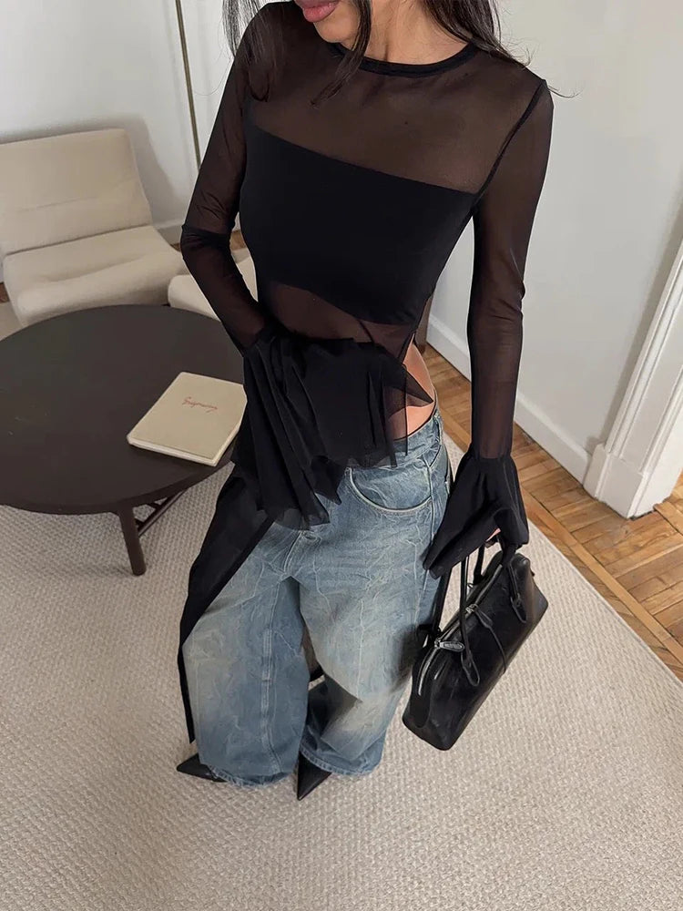 Weird Puss Sexy Irregular Hem T-Shirt Women Patchwork O-Neck Flared Sleeves Summer Midnight Sexy Hottie Fashion Split Long Tops
