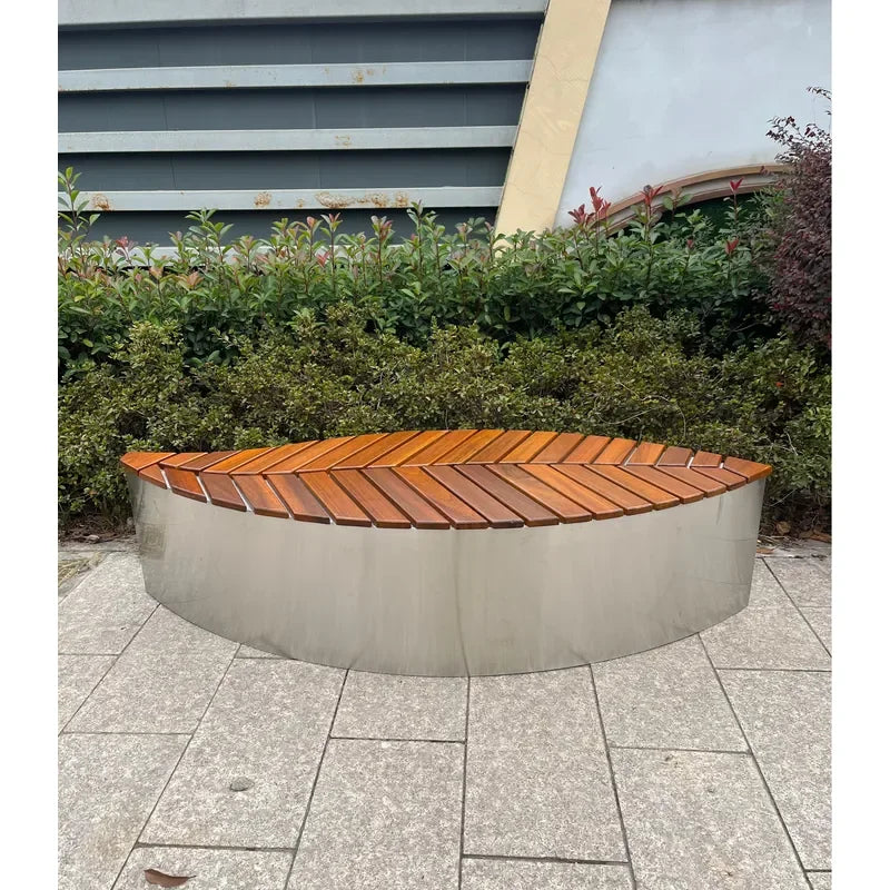 Thermal Designer Wooden Bench with Stainless Steel Frame Dual-Purpose Indoor Outdoor Seating Leaf-Shaped Wooden Slat Seat
