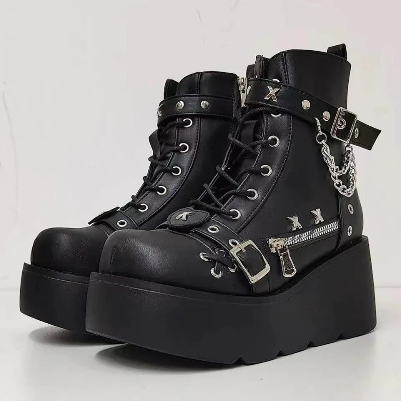 New Gothic Style Platform Vampire Cosplay Women Mid-calf Boots 2026 Winter Wedges Comfy Women Motorcycle Boots Shoes