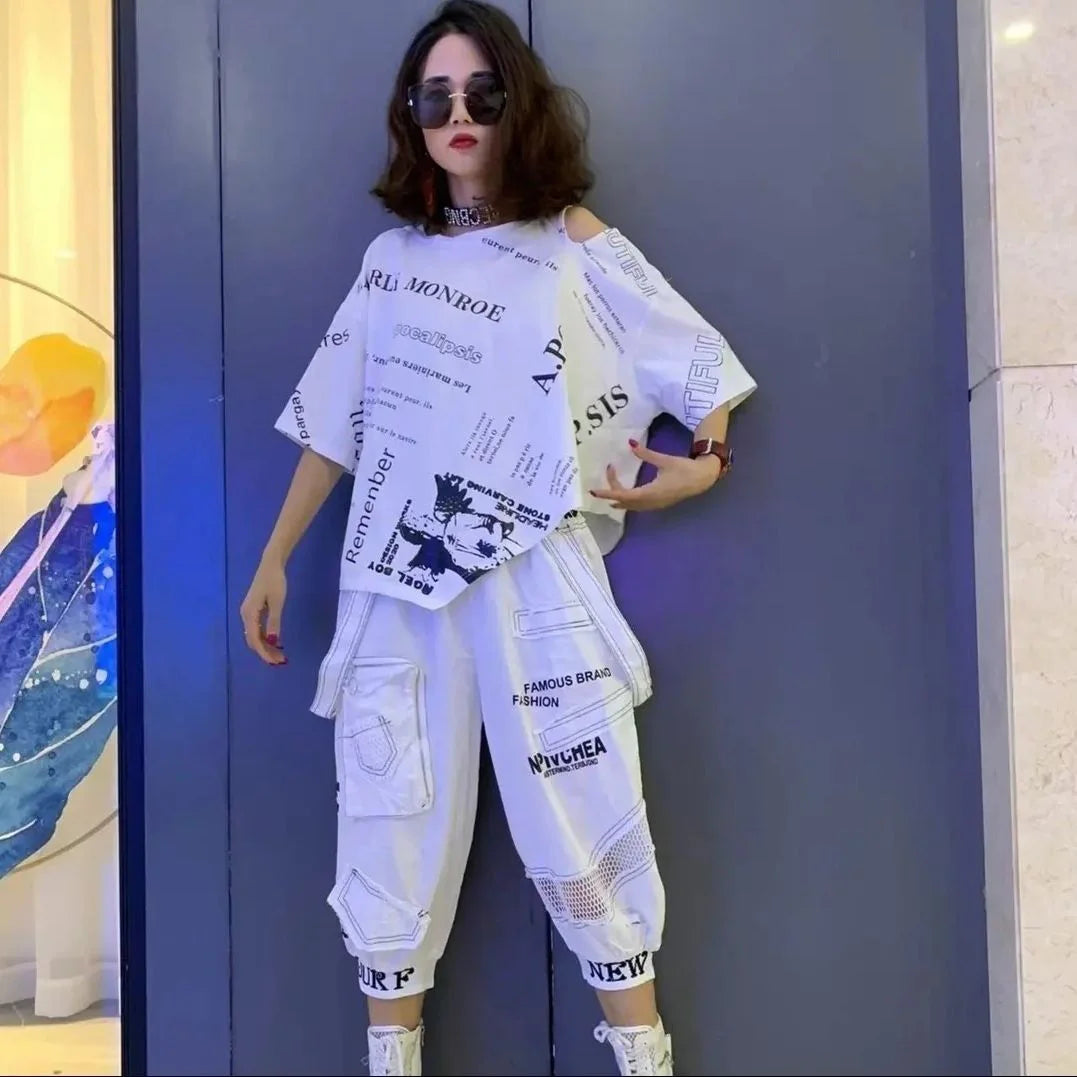 2026 Summer Womens 2 Piece Outfit Set Fashion Off Shoulder Stand Neck Short Sleeve T Shirt Tops+Casual Printed Capris Pants Suit