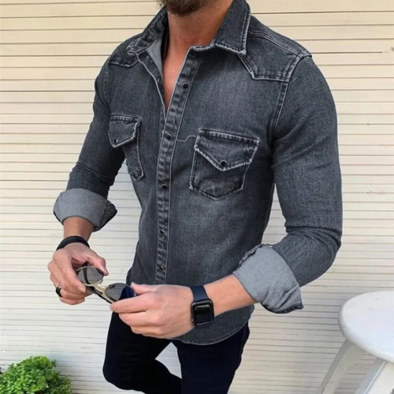Denim Shirt Men Long Sleeve Washed Spring Summer Jean Tops