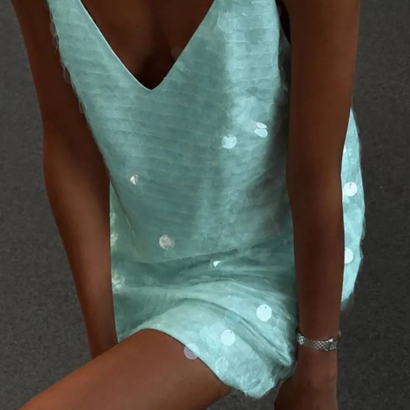 Sexy Lace Sequined Patchwork Women's Dress Sling Hollow Out Waist-Closed Lady Mini Dresses 2026 Summer Autumn Chic Female Robe