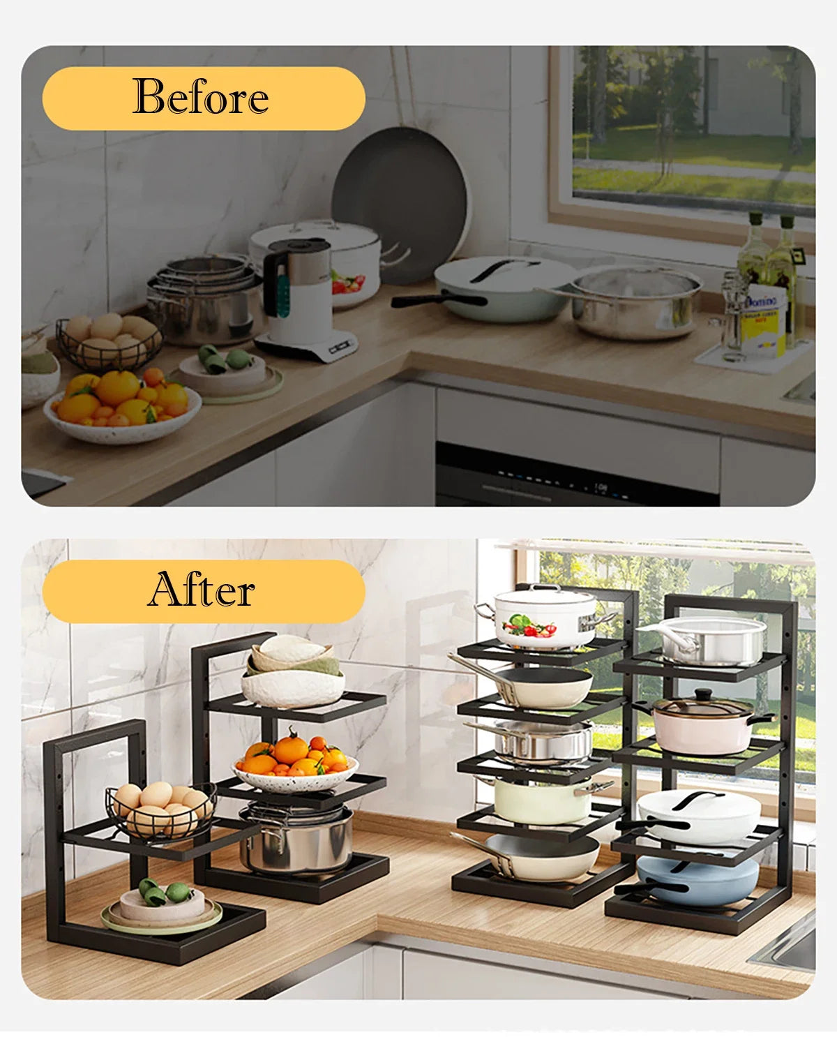 Adjustable Pot Rack Organizer, Kitchen Carbon Steel Pot Storage Rack, Multi-Layer Household Pot and Pan Organizer for Cabinet Un