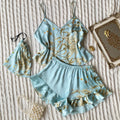 Summer Elegant  Print Cami Tops Ruffle Hem Shorts Pajama Set  Women's Sleepwear V Neck Strap Loungewear