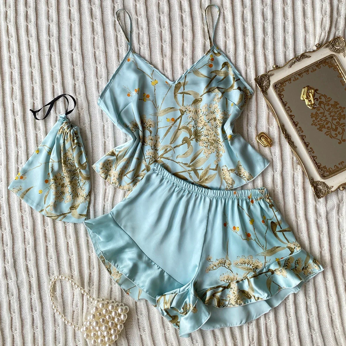 Summer Elegant  Print Cami Tops Ruffle Hem Shorts Pajama Set  Women's Sleepwear V Neck Strap Loungewear