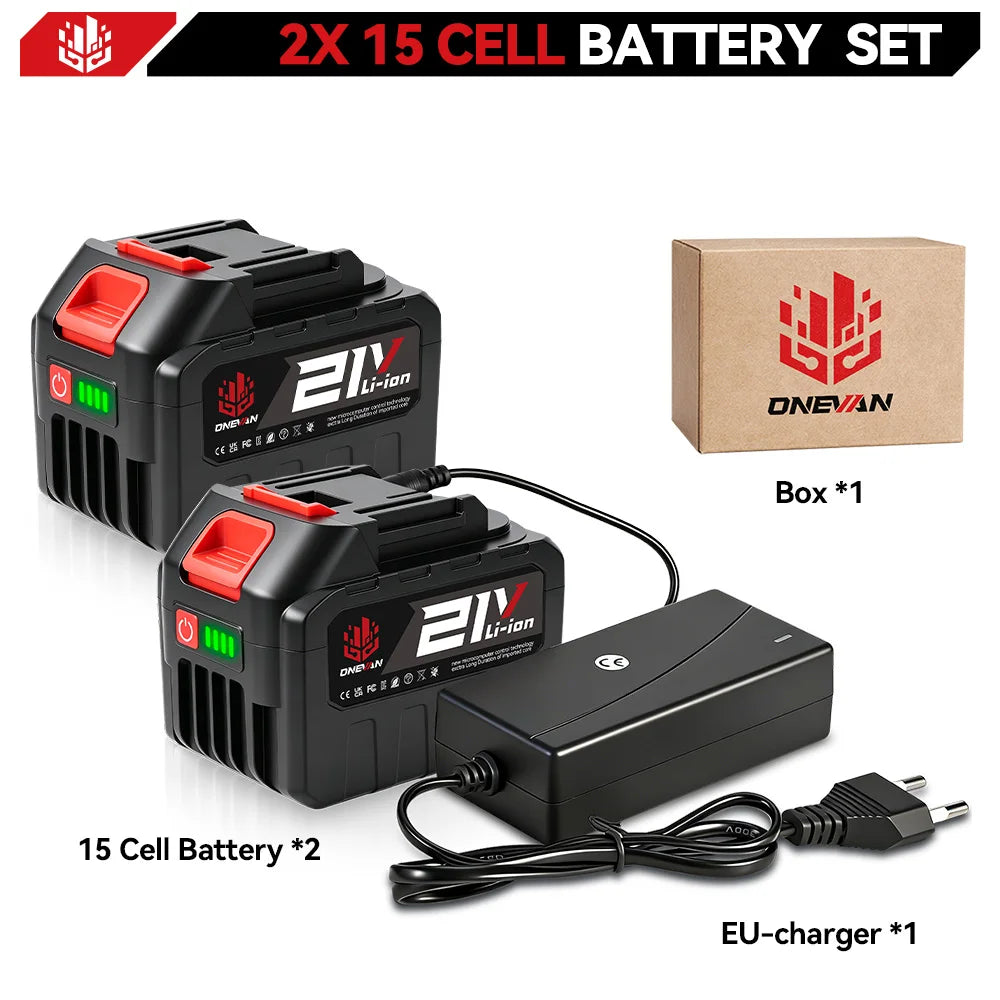 ONEVAN 15000mAh 22500mAh Lithium Ion Battery Rechargeable Battery With Charger Electric Wrench Power Tool For Makita 21V Battery Pin Tool
