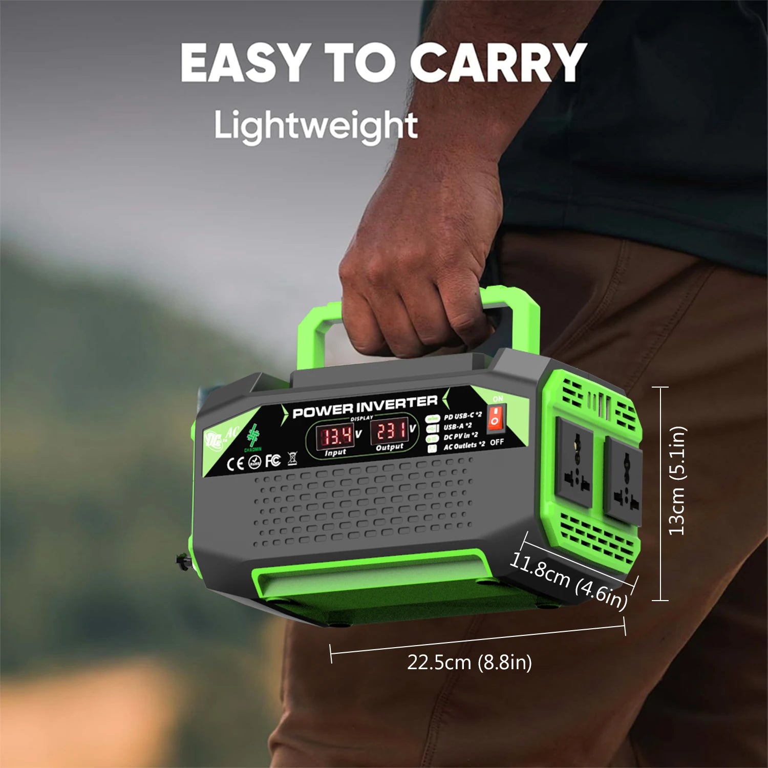 500W power inverter, DC 12V to AC 110V/220V voltage converter, with USB and Type-C ports, suitable for laptops and outdoor use