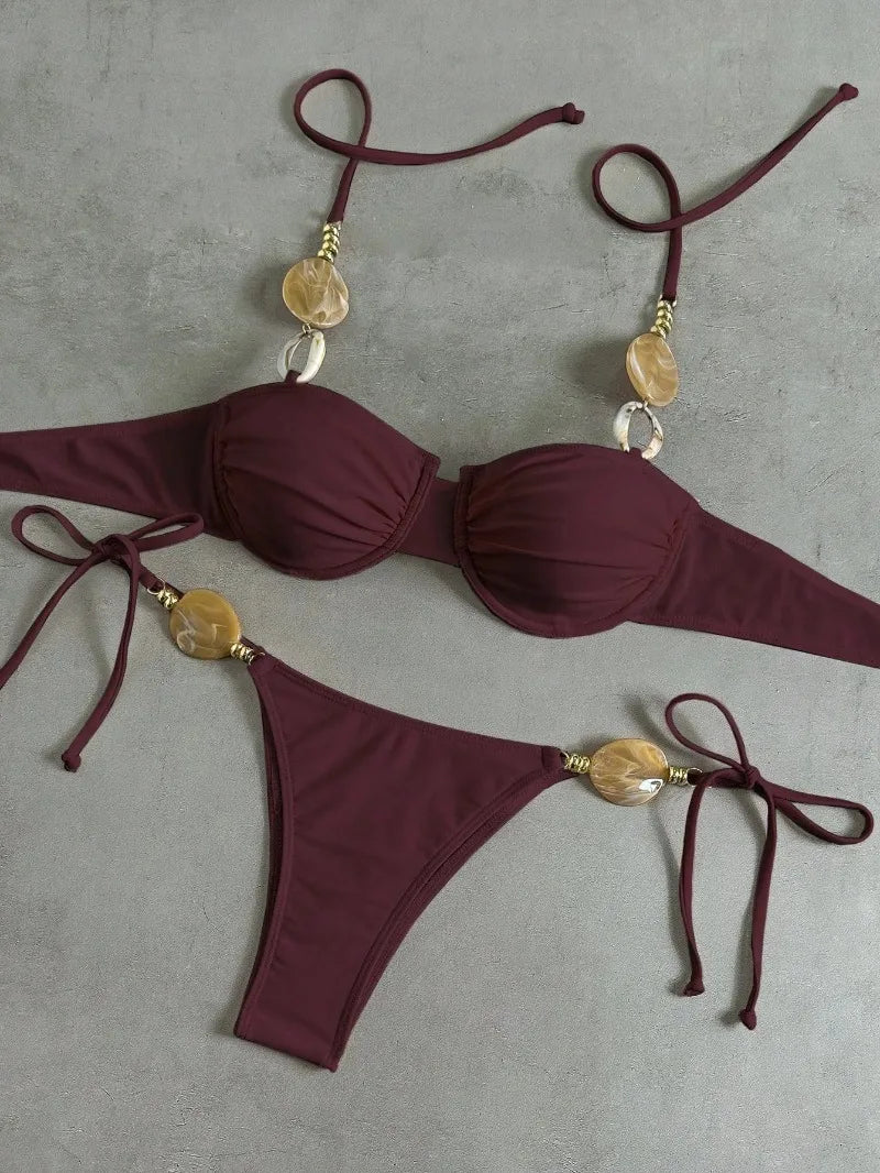 New Women's Sexy Halter Neck Backless Bikini Set Two-Piece Swimwear Solid Color Euro American Style Summer Beach Fashion