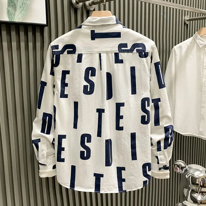 Men Clothing Spring Autumn Trendy Vintage Letter Print Lapel Shirt Simple Casual Long Sleeve Pocket Loose Tops Camisa Masculina