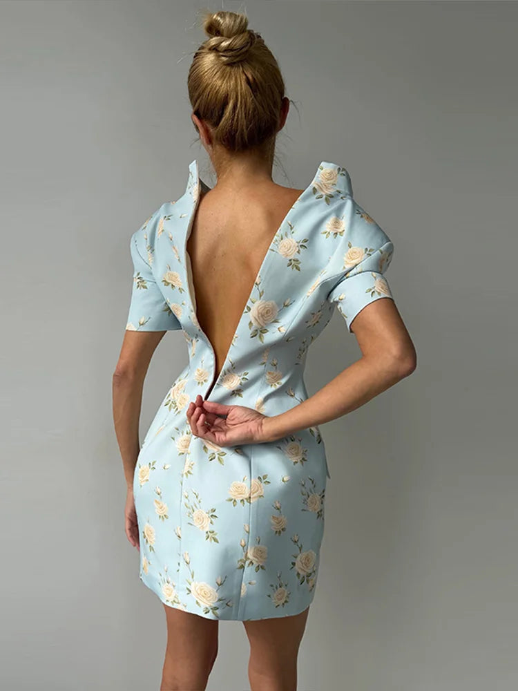 Sexy Print Women's Dress Multi Button Shoulder Pad Waist Cinching Package Hip Short Sleeved Dresses Fashion Summer Daily Wear
